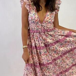 AUREUM Floral Midi Dress in Pink and Cream